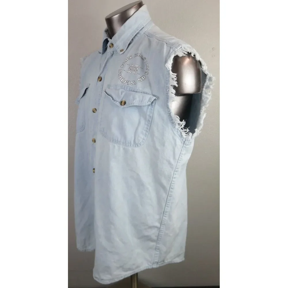Sturgis Black Hills Biker Design Blue Denim Vest Size L Vintage‎ 2012 Front End